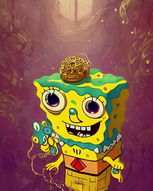 Prompt: spongebob insane eyes, extreme close up, madness, insanity, highly detailed, gold filigree, romantic storybook fantasy, soft cinematic lighting, award, disney concept art watercolor illustration by mandy jurgens and alphonse mucha and alena aenami, pastel color palette, featured on artstation