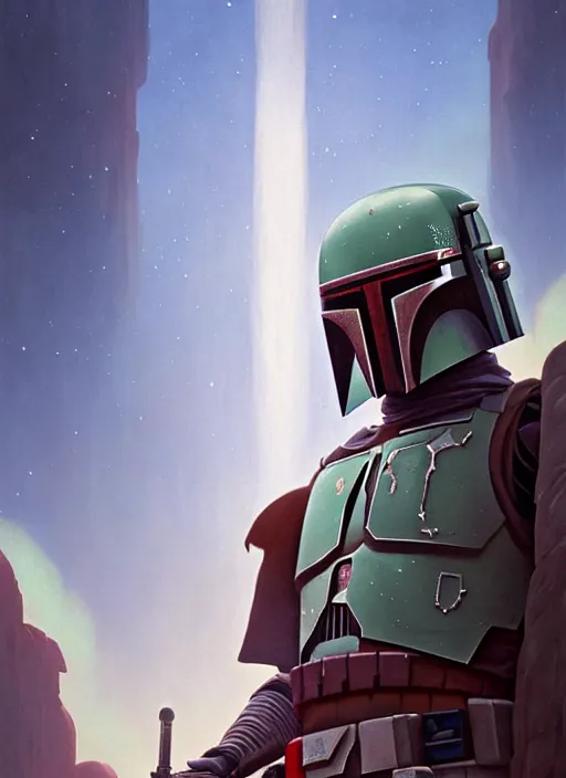 Image similar to symmetry! highly detailed portrait of boba fett, shallow focus. fantasy art by greg rutkowski, loish, rhads, ferdinand knab, makoto shinkai and lois van baarle, ilya kuvshinov, rossdraws, tom bagshaw, alphonse mucha, global illumination, radiant light, detailed and intricate environment