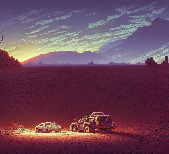 Image similar to the crash site at a dry river bed in a barren 🏜 by ivan shishkin and zacharias aagaard and simon stalenhag and dan mumford and josan gonzalez, chiaroscuro, tonalism, sfumato, high saturation, retrowave