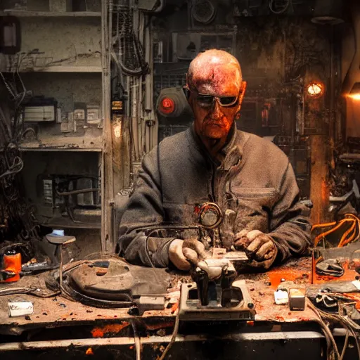 Image similar to half rusted old egg beater half stun - gun, balding older cyborg repairing, red hot soldering iron, dark messy smoke - filled cluttered workshop, dark, dramatic lighting, orange tint, cinematic, highly detailed, sci - fi, futuristic, movie still from blade runner