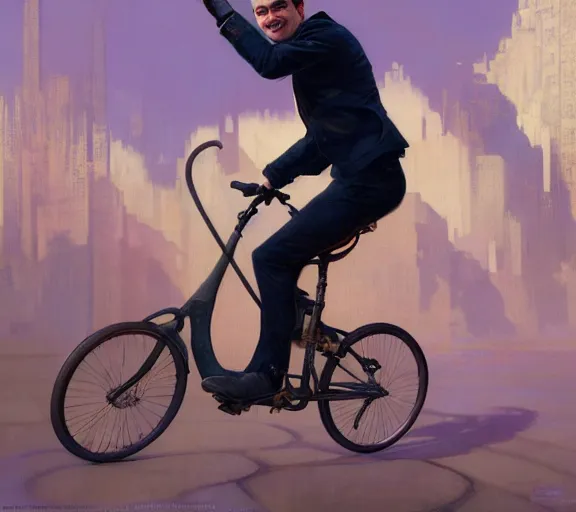 Image similar to Ben Shapiro riding a unicycle, sigma male, accurately portrayed, portrait art by alphonse mucha and greg rutkowski, highly detailed, digital painting, concept art, illustration, dim lighting with twilight rays of sunlight, trending on artstation, very detailed, smooth, sharp focus, octane render, close up