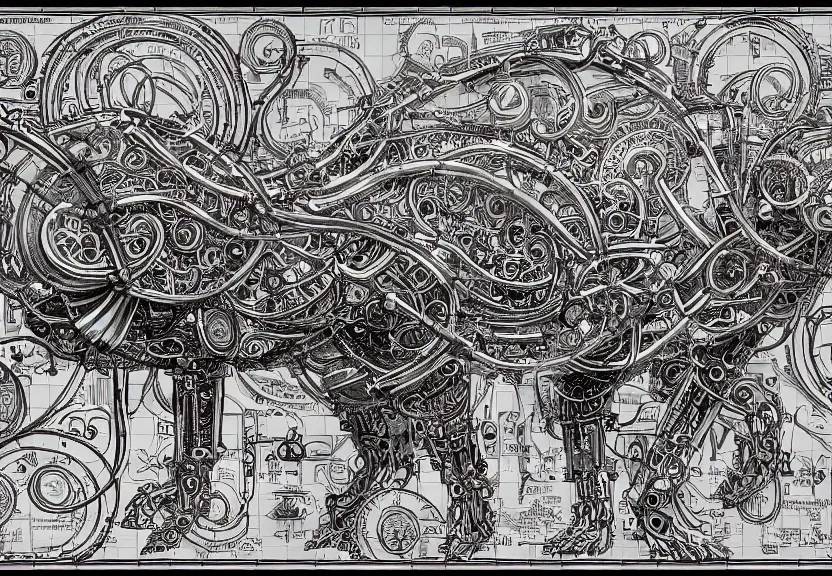 Prompt: 1 / 4 frame, schematic blueprint of highly detailed ornate filigreed convoluted ornamented elaborate cybernetic rat, full body, character design, middle of the page, art by da vinci