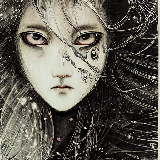 Image similar to yoshitaka amano blurred and dreamy realistic illustration of an anime girl with black eyes, wavy white hair fluttering in the wind and cracks on her face wearing elden ring armor with engraving, abstract black and white patterns in the background, noisy film grain effect, highly detailed, renaissance oil painting, weird portrait angle, three quarter view, head turned to the side