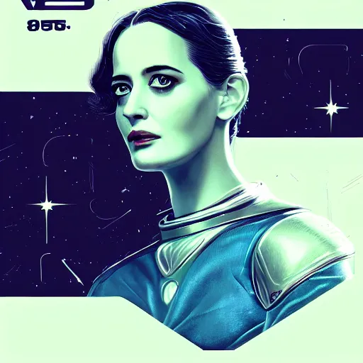 Image similar to Eva Green as a stunning , beautiful retro SCI-FI space heroine 1985 , movie poster, intricate, elegant, highly detailed, centered, digital painting, trending on artstation, concept art, smooth, sharp focus, illustration, art by raphael lacoste ,eddie mendoza ,alex ross, WLOP