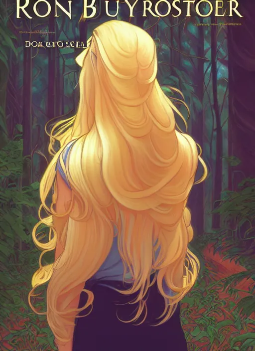 Image similar to book cover design, slender young man with long golden blond hair, shiny and sparkling, from behind, back shot, in a forest, natural lighting, path traced, highly detailed, high quality, cartoon, digital painting, by don bluth and ross tran and studio ghibli and alphonse mucha