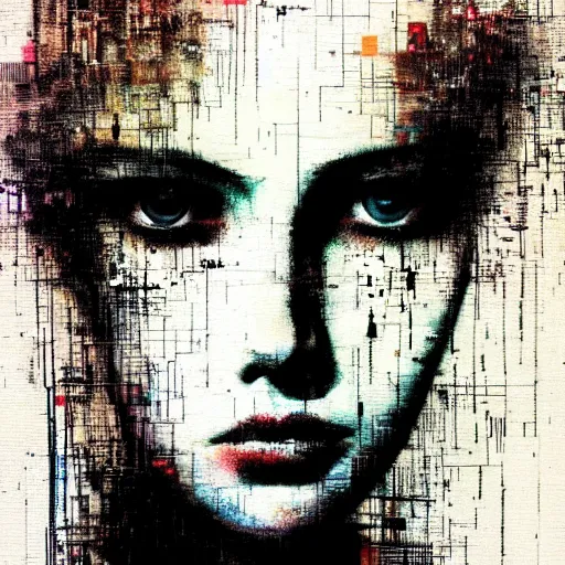 Image similar to portrait of a youthful beautiful women, mysterious, glitch effects over the eyes, fading, by Guy Denning, by Johannes Itten, by Russ Mills, centered, glitch art, clear skin, hacking effects, chromatic, cyberpunk, color blocking, digital art, concept art, abstract