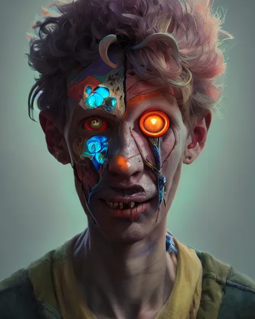 Image similar to portrait of a patchwork boy, bioluminescent, horror, expressive, asymmetrical art, highly detailed, concept art, cinematic, hyperrealism, epic, art by stanley lau and artgerm and magali villeneuve and alphonse mucha and pixar, artstation, octane render, cgsociety