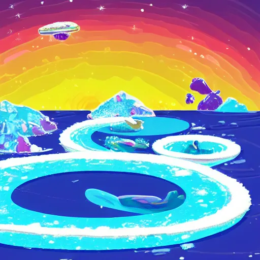 Image similar to ice rings around a beautiful planet melting into rings of rivers with otter aliens swimming through them along with lots of little colorful fish