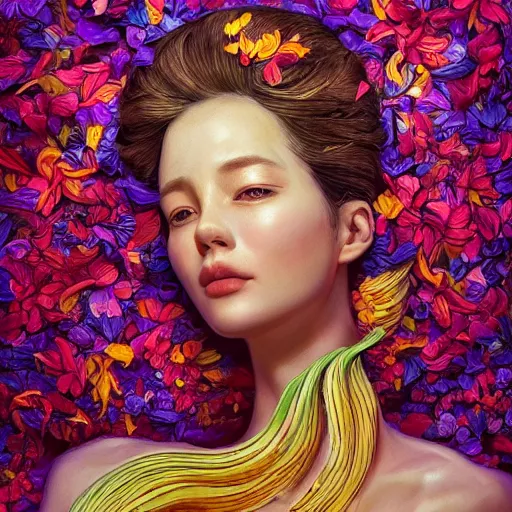 Image similar to the portrait of an incredibly beautiful, graceful, and elegant woman made of bananas and petals, an ultrafine detailed illustration by kim jung gi, irakli nadar, intricate linework, bright colors, final fantasy, behance contest winner, angular, unreal engine 5 highly rendered, global illumination, radiant light, detailed and intricate environment