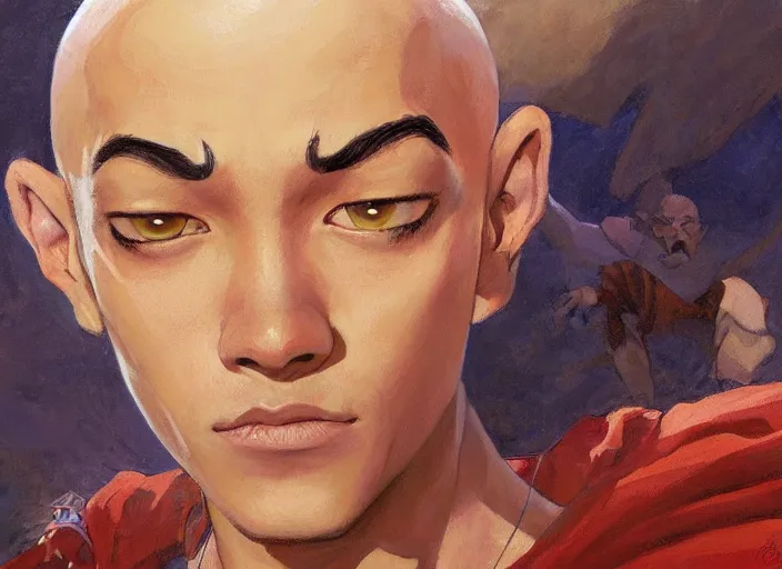 Prompt: a highly detailed beautiful portrait of aang atla, by gregory manchess, james gurney, james jean