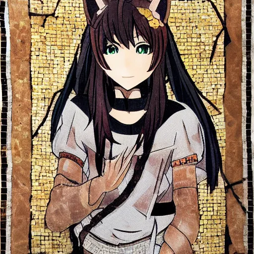 Prompt: roman mosaic of an anime girl with cat ears