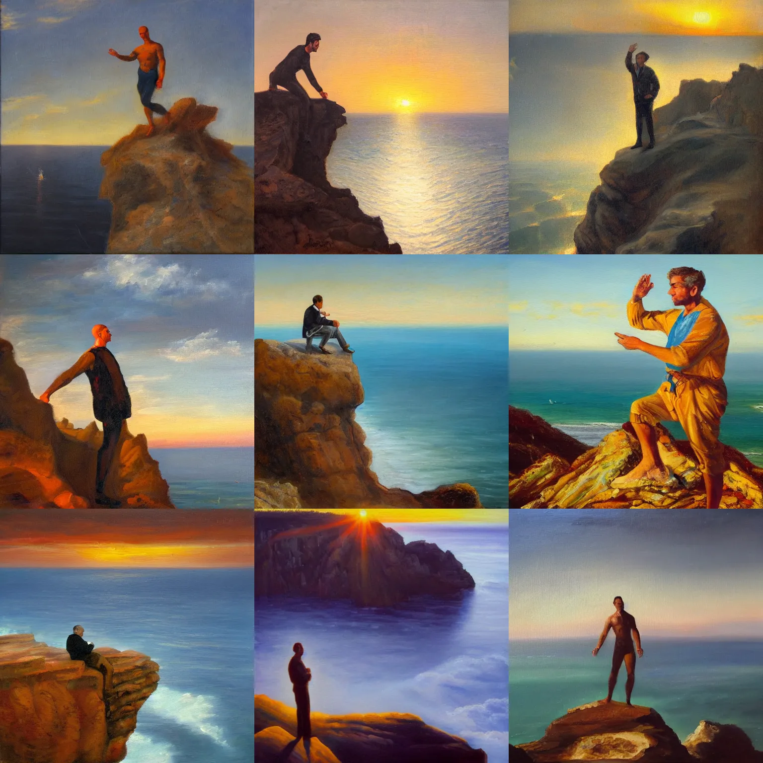 Prompt: oil painting, a maximally musuclar man poses on the top of a cliff over the ocean during sunrise