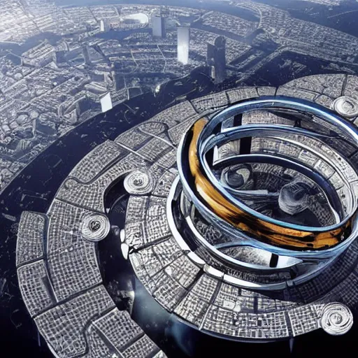 Image similar to a giant ring-shaped space station encircling a modern city floating above the city, the ring is horizontal, surrounding the city, cinematic