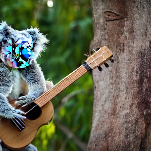 Image similar to A Koala playing the Ukulele on a beach at sunset. 50mm lens, f1.8