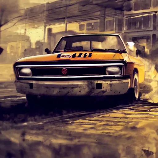 Image similar to closeup photo of vin diesel driving fiat 1 2 4, lada 2 1 0 1 2 1 0 6 zhiguli, ultra realistic, highly detailed, city, cinematic, art by jan urschel and neil blevins