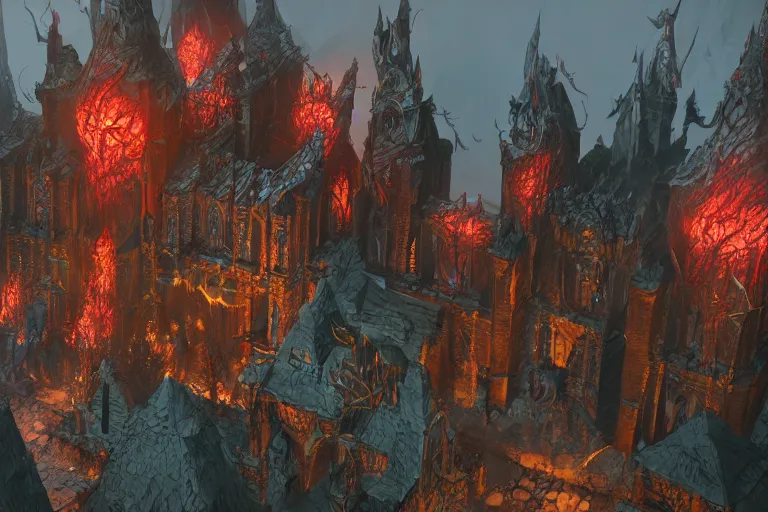 Image similar to big evil castle - city rock dark shadow elves, might and magic heroes vii, dark fantasy, shadows, artstation trending, unreal engine 5, red