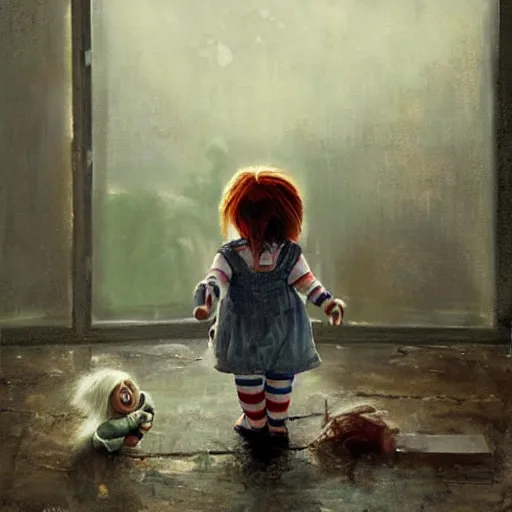 Image similar to the doll chucky fighting the doll annabelle in oslo, oil painting, by greg rutkowski