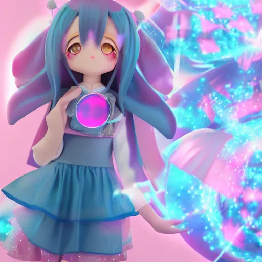 Image similar to cute fumo plush of a girl who controls the spirits, ghost swarm, particle sim, blue and pink lens flare, anime girl, vray