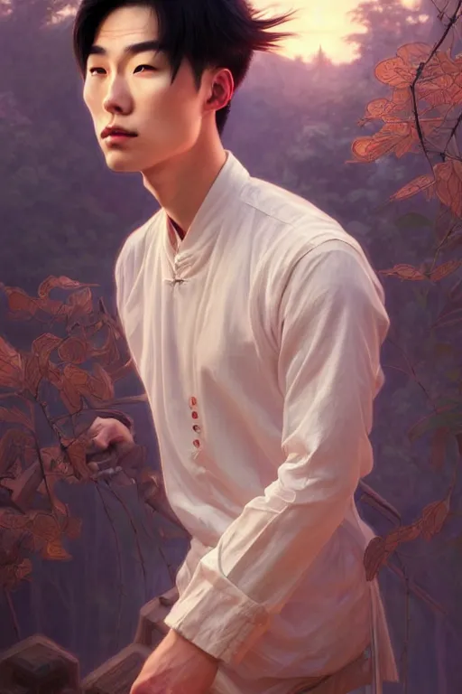 Image similar to clear portrait of a chinese attractive men, cottagecore!!, background hyper detailed, character concept, full body, dynamic pose, glowing lights!! intricate, elegant, highly detailed, digital painting, artstation, concept art, smooth, sharp focus, illustration, art by artgerm and greg rutkowski and alphonse mucha