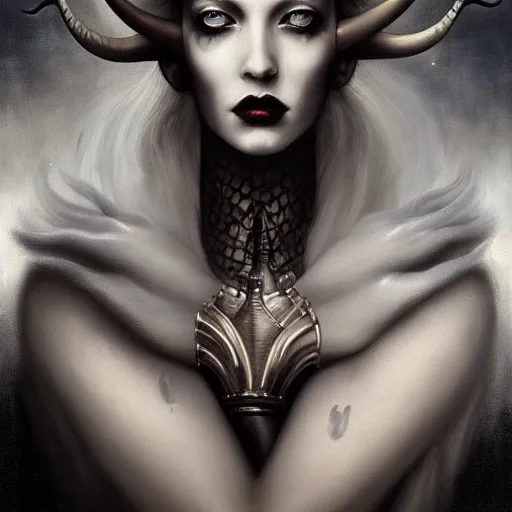 Image similar to By Tom Bagshaw, ultra realist soft painting portrait of curiosities carnival by night, very beautiful horned single zynoid gothic fully dressed fading, symmetry accurate features, very intricate details, ominous sky, black and white, volumetric light clouds