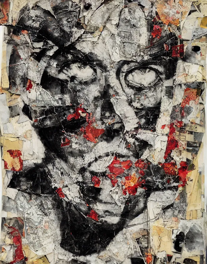Prompt: be my great destroyer hiroshima detailed analogue mixed media collage with canvas texture in style of contemporary art, punk art, hyperrealistic beautiful face, photorealistic, expressionism, masterpiece, perfect composition, spectacular quality torn paper, intricate oil details, broken glass