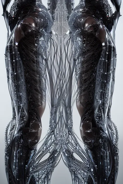 Prompt: iris van herpen, perfect symmetrical body, full body shot, inflateble shapes, wires, tubes, veins, jellyfish, white biomechanical details, wearing epic bionic cyborg implants, masterpiece, intricate, biopunk, vogue, highly detailed, artstation, concept art, cyberpunk, octane render