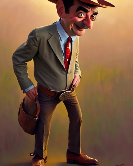 Image similar to mr bean dressed as woody from toy story, fine details, realistic shaded lighting poster by greg rutkowski, magali villeneuve, artgerm, jeremy lipkin and michael garmash and rob rey