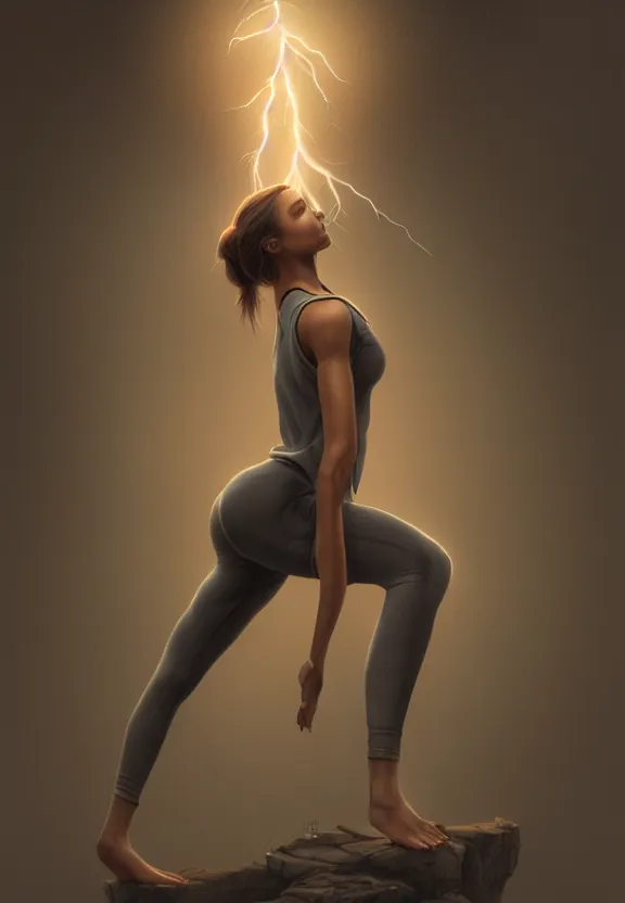 Prompt: vfx, Brooks and Brad kunkle detailed, female wearing yoga pants, volumetric lightning, highly detailed, concept art, art station, center of