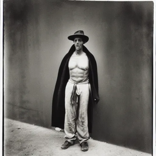 Image similar to Wet plate image of a mythic man, age 34, Standing outside 30 Rockefeller Center, He has large black wings, Dark photo, Slightly blurred,