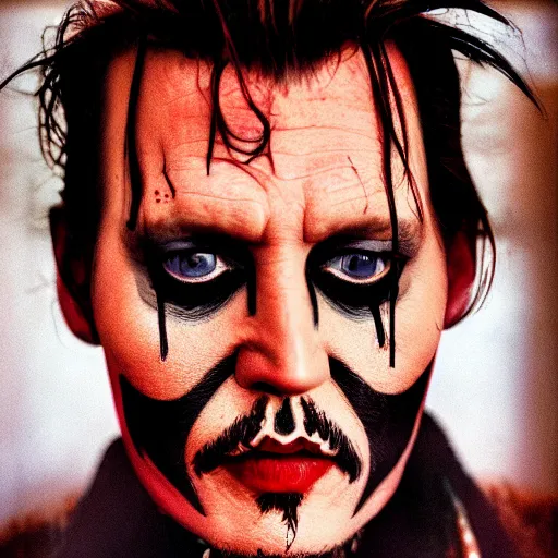 Image similar to portrait of johnny depp as the devil inpersonated, symmetrical, nikon 3 5 mm photography, ultrarealistic