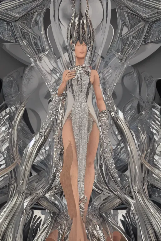 Image similar to a highly detailed 4 k render of a beautiful alien goddess bella hadid angel in iris van herpen dress schiaparelli in diamonds in style of alphonse mucha trending on artstation made in unreal engine 4