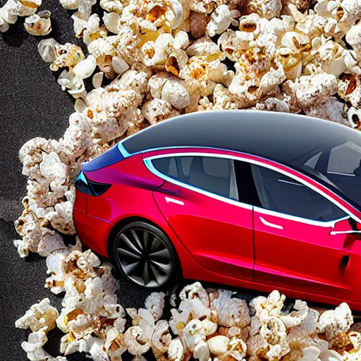 Image similar to a tesla model 3 made out of popcorn, high res photograph, 5 0 mm