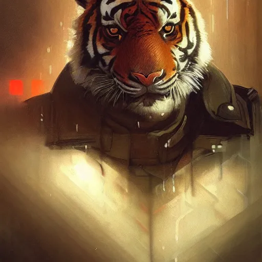 Image similar to hyperrealistic portrait of an athropomorphic tiger wearing military clothes, bladerunner street, art of elysium by jeremy mann and alphonse mucha, fantasy art, photo realistic, dynamic lighting, artstation, poster, volumetric lighting, very detailed face, 4 k, award winning, cinematic lighting, deviantart, artstation, cg society