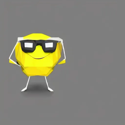 Prompt: low-poly model of an isometric lemon with a smile and it is also wearing sunglasses against a white background