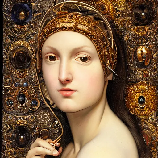 Image similar to renaissance oil painting, very beautiful woman integrating with technology, full face frontal centered, portrait, insipiring, detailed intricate ornate cables connected to head, big open electric eyes, luxurious detailed abundent wiring and implants, diamonds, sci-fi, neon, emeralds, detailed technology full background, highly detailed, artstation, Rene Lalique and Eddie Mendoza and Gil Elvgren