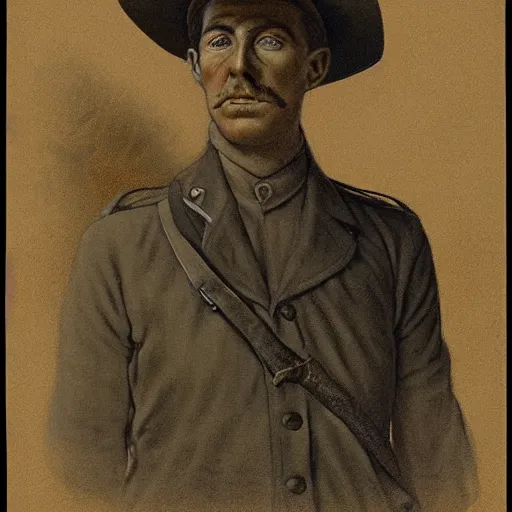 Image similar to a detailed photorealistic sepia - toned color line drawing of a 1 9 1 7 worried clean - shaven british lieutenant in detailed field gear not wearing a hat in wadi rum, ultra realistic, painted, intricate details, symmetrical features, lovecraft, atmospheric, dark, horror, brooding, highly detailed, by clyde caldwell