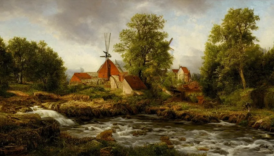 Image similar to a beautiful view of a mill next to a strem, by hermann ottomar herzog