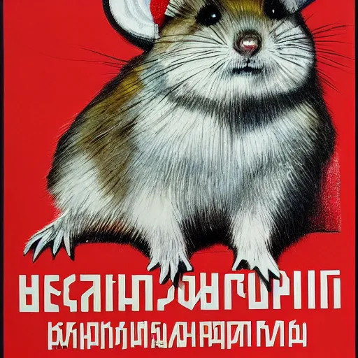 Image similar to a soviet union propaganda poster of a roborovski hamster in a winter hat, detailed, smooth, old, crinkled, red and white colors