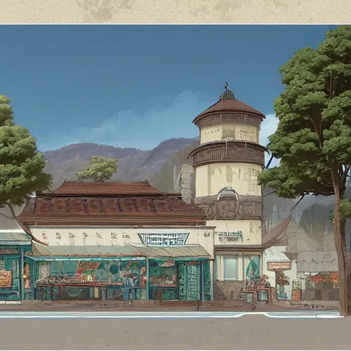 Image similar to concept art painting of a historic bakery with european and japanese architecture, surrounded by trees and mountains, realistic, detailed, cel shaded, in the style of makoto shinkai and greg rutkowski and james gurney