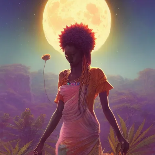 Prompt: an african marijuana!! goddess, by stephen bliss, unreal engine, fantasy art by greg rutkowski, loish, rhads, ferdinand knab, makoto shinkai and lois van baarle, ilya kuvshinov, rossdraws, tom bagshaw, moon light, radiant light, detailed and intricate environment