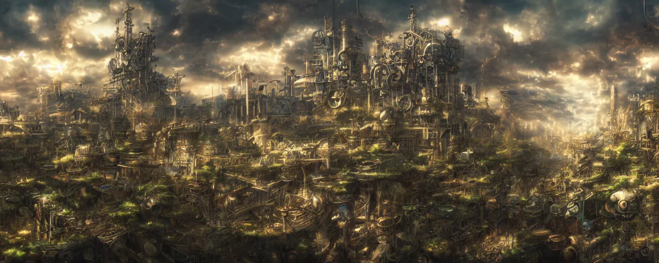 Image similar to steampunk anime landscape, beautiful, artstation trending, deviantart, highly detailed, focus, smooth, by hirohiko araki, yoshitaka amano