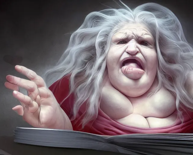 Image similar to of a very beautiful scene. ambient occlusion render. a sweet fat old woman is giving birth to a huge art book. hyper realistic. 4 k. wide angle. wild. symmetrical face, red mouth, blue eyes. deep focus, lovely scene. ambient occlusion render. concept art. unreal engine.