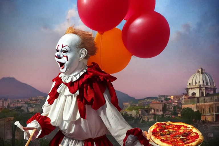 Prompt: pennywise as pulcinella! with a pizza! margherita! in front of vesuvius!, by esao andrews, by james jean, humorous illustration, hyperrealistic, big depth of field, warm colors, night scenery, low light, 3 d octane render, 4 k, conceptart, masterpiece, hyperrealistic, trending on artstation