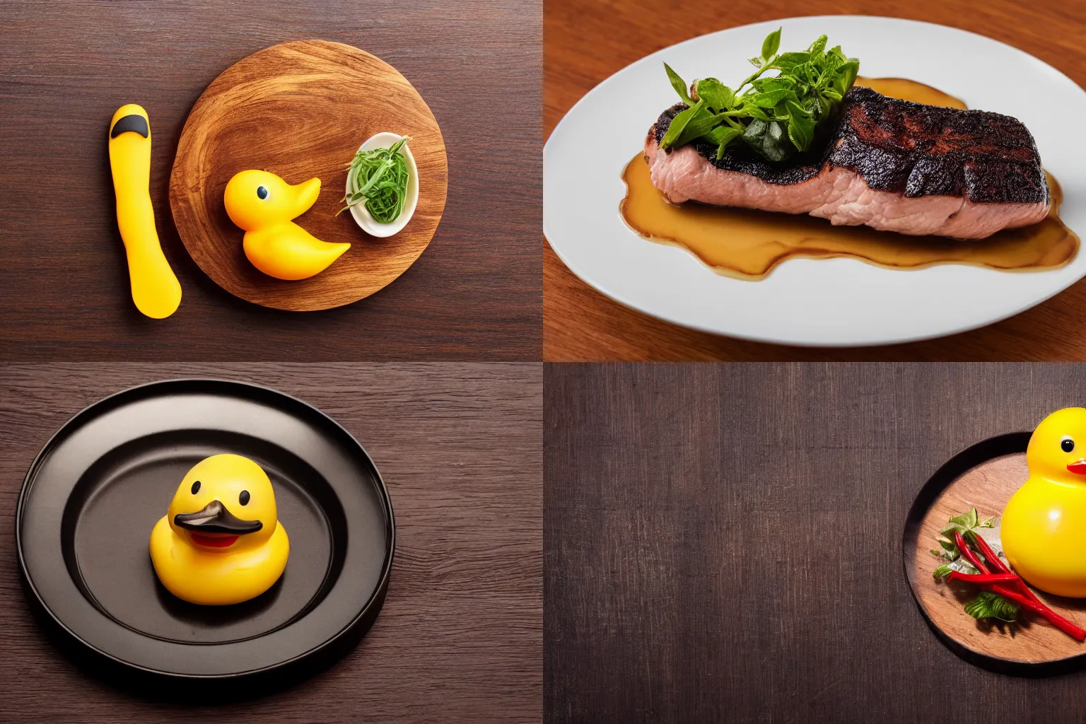 Prompt: rubber duck filet served on wood, michelin star restaurant, 4K photo
