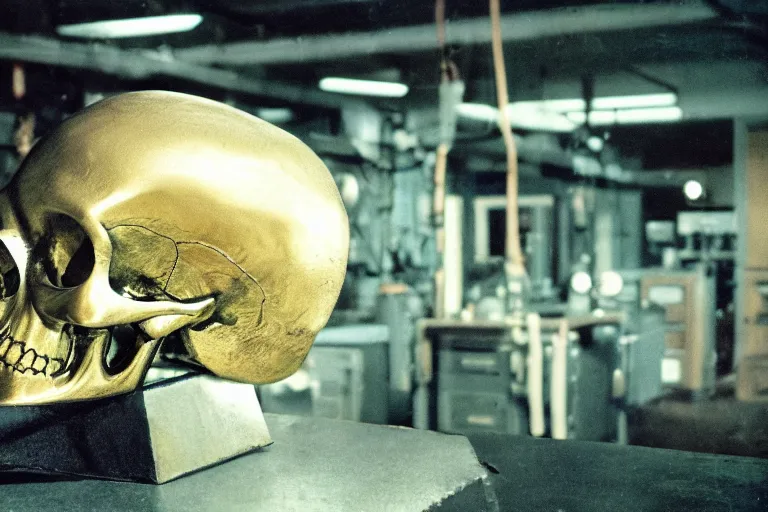 Image similar to large metallic skull sitting atop a pile of thick coiled power cable, stoic and calm, inside of an unlit 1970s science lab, full color ektachrome photograph, volumetric lighting, f8 aperture, cinematic Eastman 5384 film