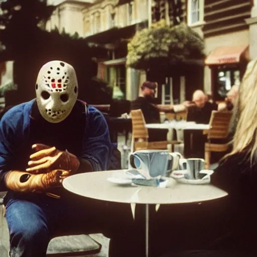 Image similar to photograph of jason voorhees having a coffee at an european caffé