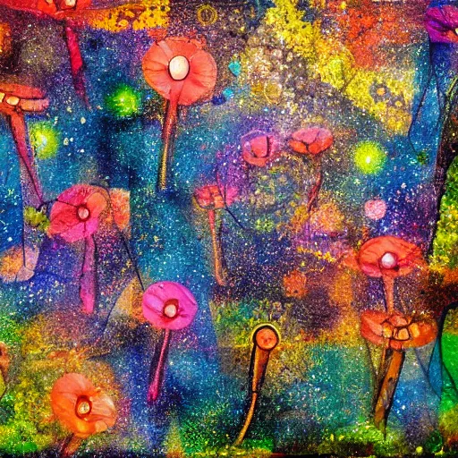 Image similar to a field of fireflies, colorful, ethereal, mixed media, paint, collage, bright