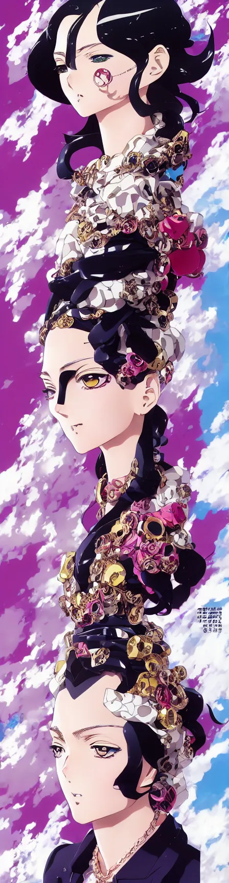 Image similar to Magazine Cover Anime key visual of a Gucci girl; official media; typography; drawn by Hirohiko Araki; Jojo's Bizarre Adventure; Jojolion, portrait, made by Stanley Artgerm Lau, WLOP, Rossdraws, James Jean, Andrei Riabovitchev, Marc Simonetti, Yoshitaka Amano, ArtStation