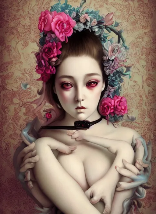 Image similar to pop surrealism, lowbrow art, realistic seductive cute woman painting, body harness, japanese shibari with flowers, hyper realism, muted colours, rococo, natalie shau, loreta lux, tom bagshaw, mark ryden, trevor brown style,