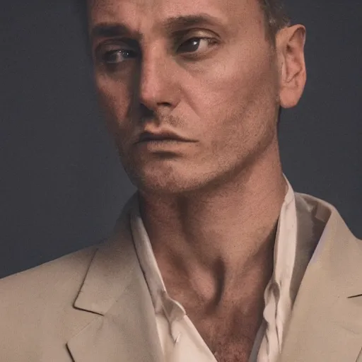 Prompt: Photo of a stern man in a beige peak lapel suit with a sad and melancholic look, grieving, chiaroscuro, medium shot, cinematic promo material